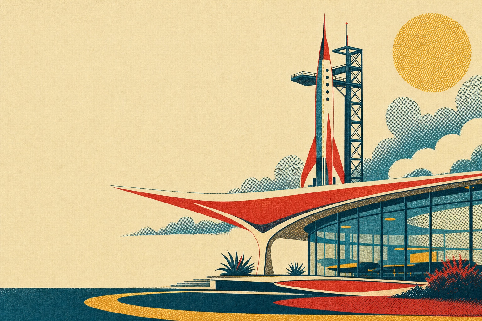 Googie building and rocket under a Ben-Day sun