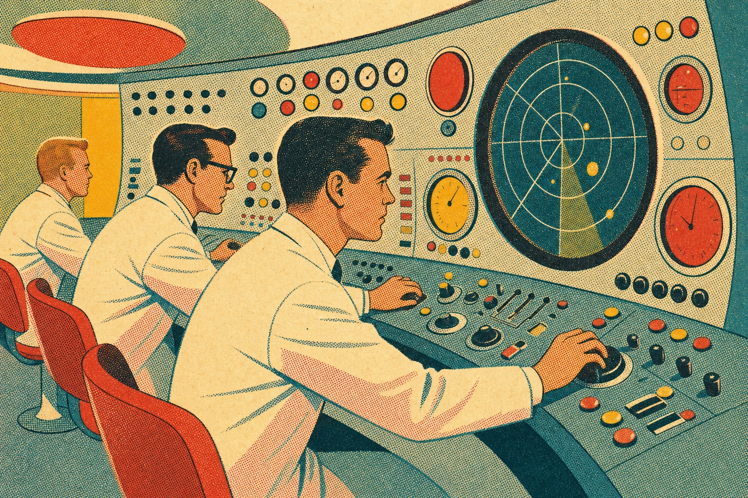 Engineers at an atomic-age control console