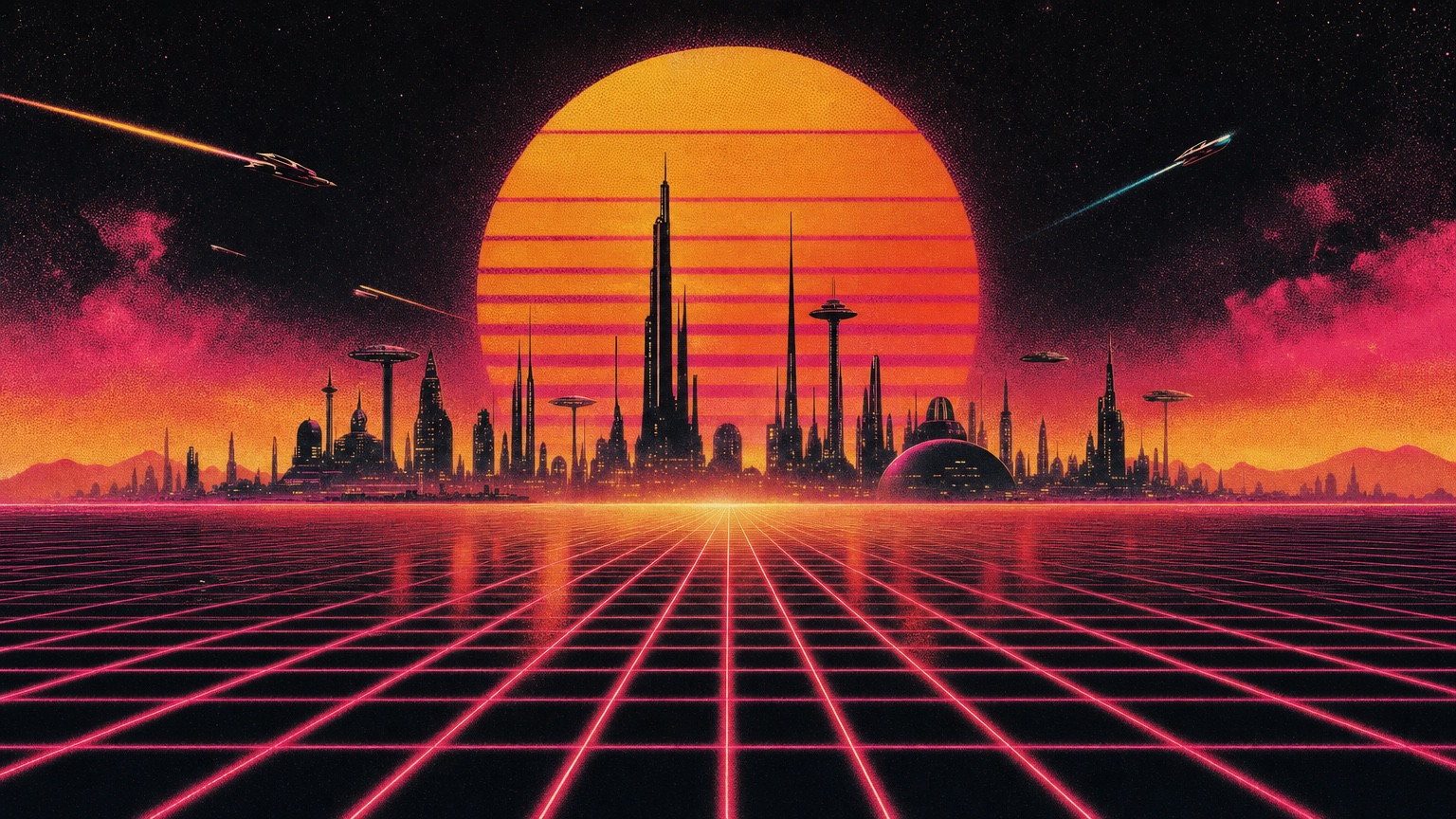 Retro-futurist skyline under a striped sun
