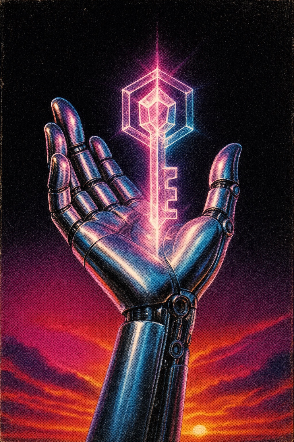 Chrome hand holding a glowing key