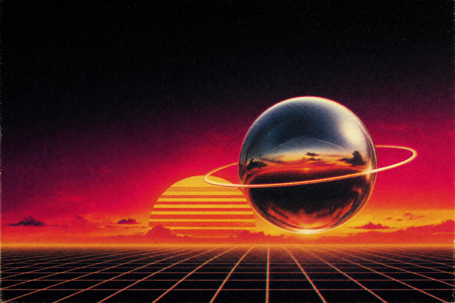 Chrome sphere over a sunset grid